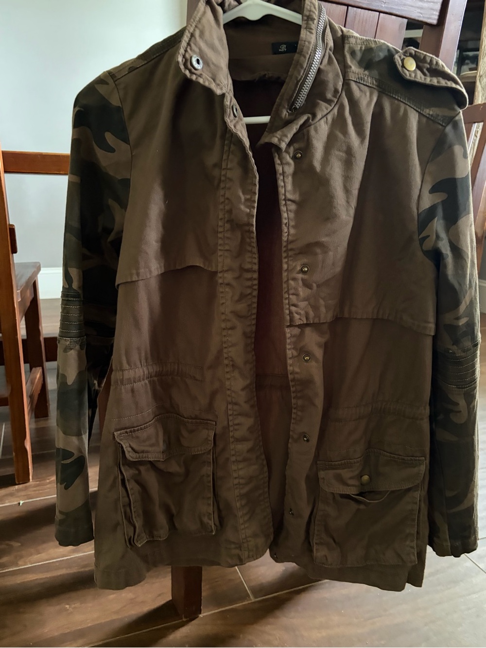 Women’s Olive Green Military Utility Jacket with Camo Sleeves